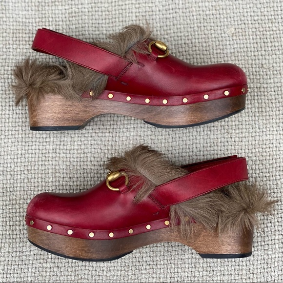 Gucci Amstel Horsebit red leather slingback accent round toe fur trim clogs - Picture 10 of 17